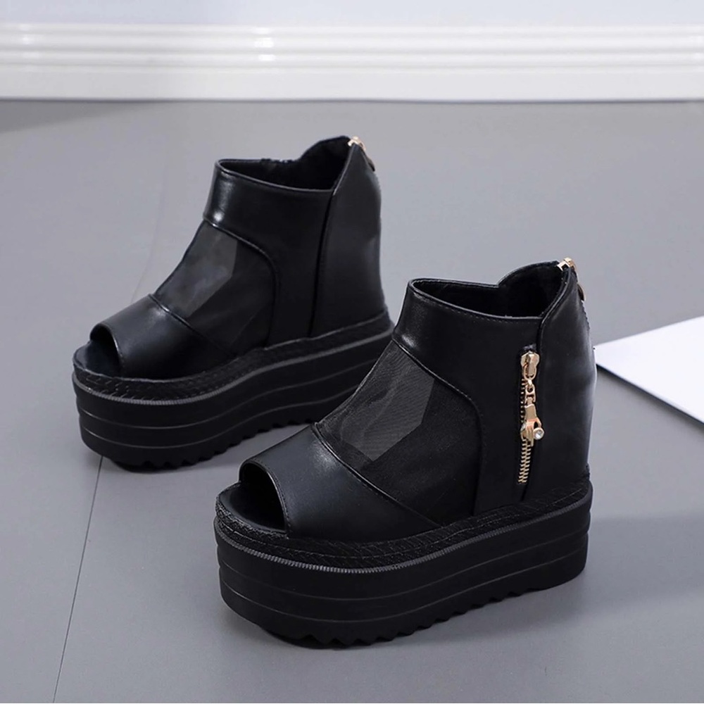 Sleek Black Platform Peep-Toe Ankle Boots